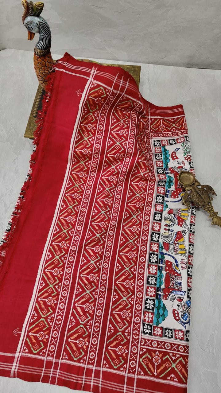 Authentic Patan Patola Pure Silk Saree with Madhubani Handpainting - Exquisite Jugalbandi | SILK MARK CERTIFIED
