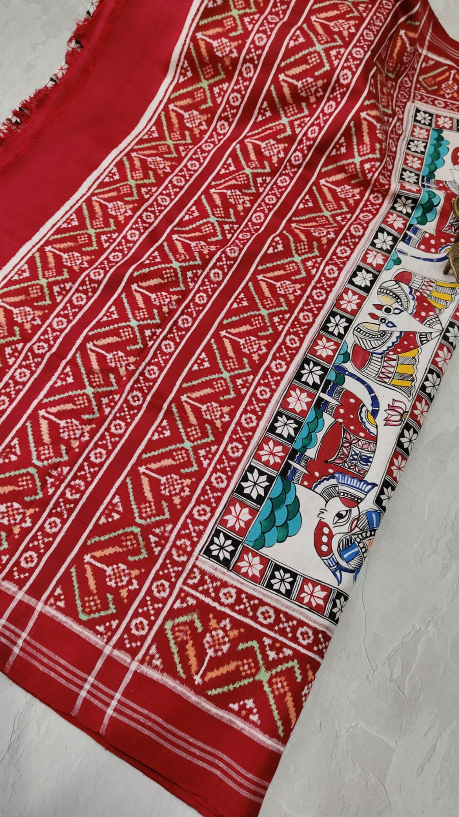 Authentic Patan Patola Pure Silk Saree with Madhubani Handpainting - Exquisite Jugalbandi | SILK MARK CERTIFIED