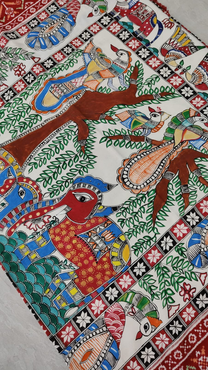 Authentic Patan Patola Pure Silk Saree with Madhubani Handpainting - Exquisite Jugalbandi | SILK MARK CERTIFIED