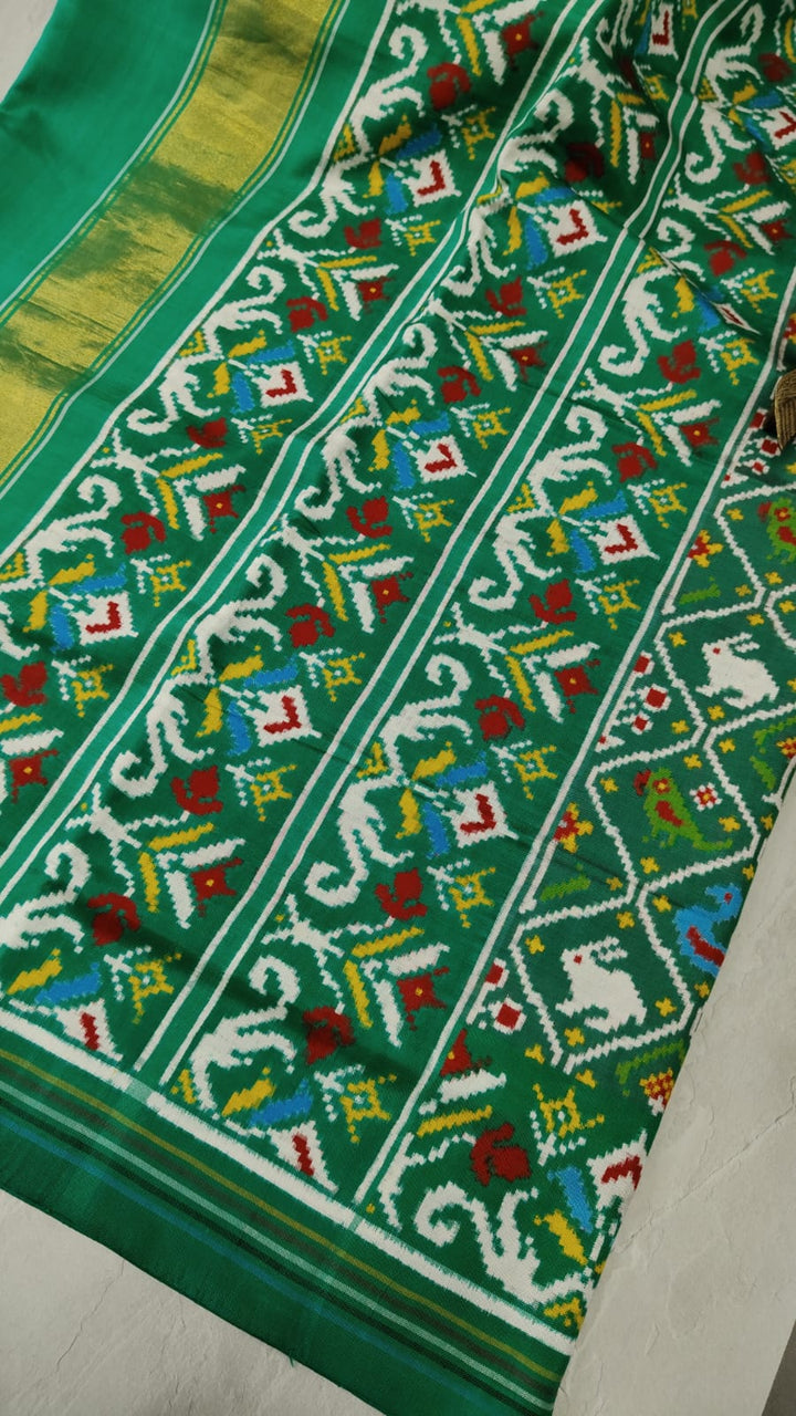 Authentic Patan Patola Double Ikkat Pure Silk Saree in Rama Green| SILK MARK CERTIFIED
