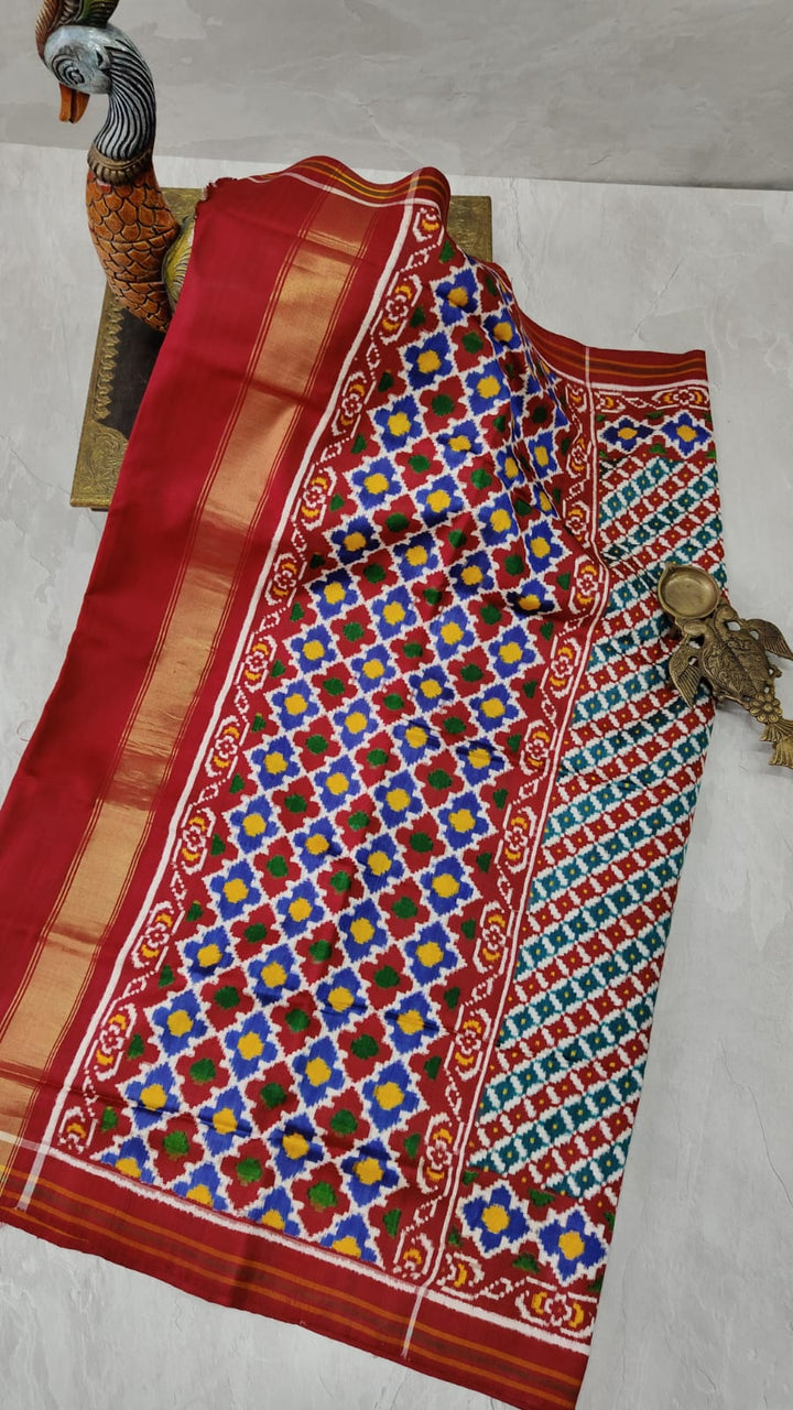 Authentic Patan Patola Double Ikkat Pure Silk Handwoven Saree with Moroccan Design Borders | SILK MARK CERTIFIED
