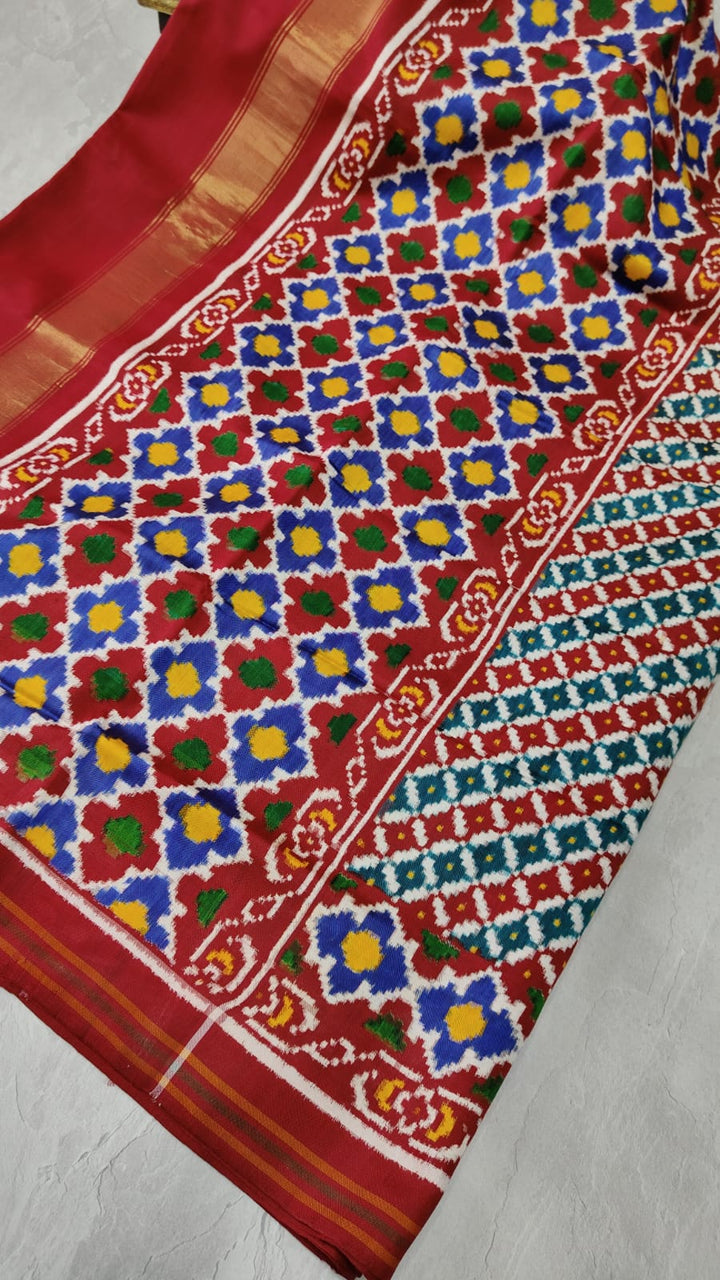 Authentic Patan Patola Double Ikkat Pure Silk Handwoven Saree with Moroccan Design Borders | SILK MARK CERTIFIED