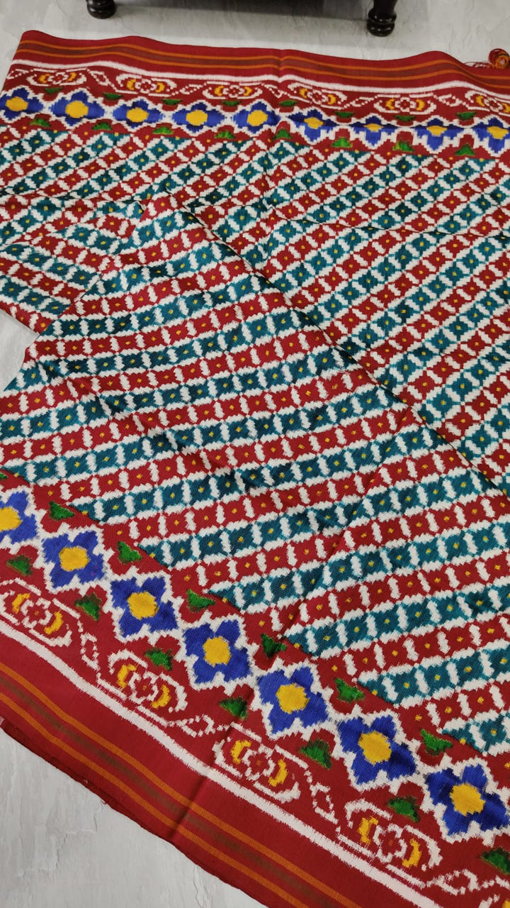 Authentic Patan Patola Double Ikkat Pure Silk Handwoven Saree with Moroccan Design Borders | SILK MARK CERTIFIED