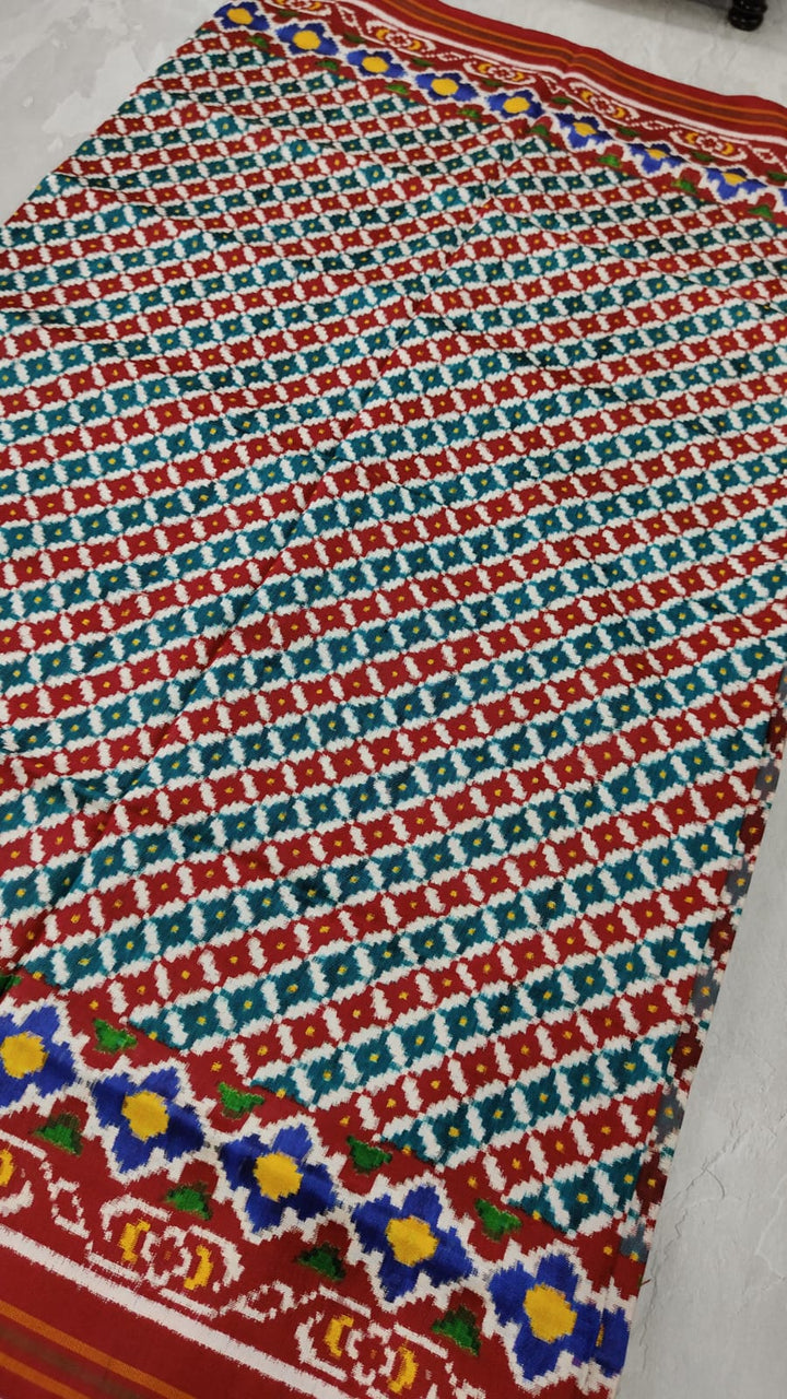 Authentic Patan Patola Double Ikkat Pure Silk Handwoven Saree with Moroccan Design Borders | SILK MARK CERTIFIED