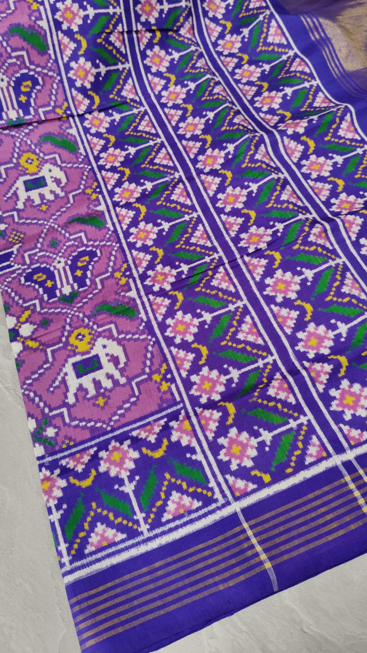 Authentic Double Ikkat Patan Patola Handwoven Saree in Lilac with Geometric Motifs | SILK MARK CERTIFIED