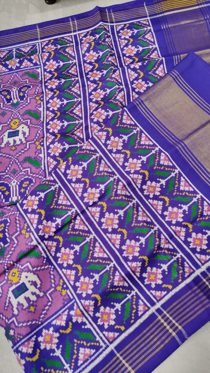 Authentic Double Ikkat Patan Patola Handwoven Saree in Lilac with Geometric Motifs | SILK MARK CERTIFIED