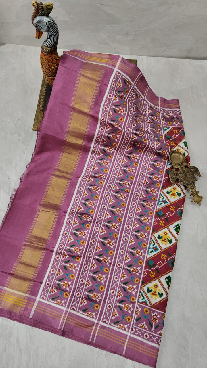Authentic Double Ikkat Patan Patola Handwoven Saree with Diagonal Pattern in Dusty Mauve | SILK MARK CERTIFIED