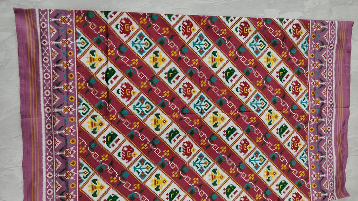 Authentic Double Ikkat Patan Patola Handwoven Saree with Diagonal Pattern in Dusty Mauve | SILK MARK CERTIFIED