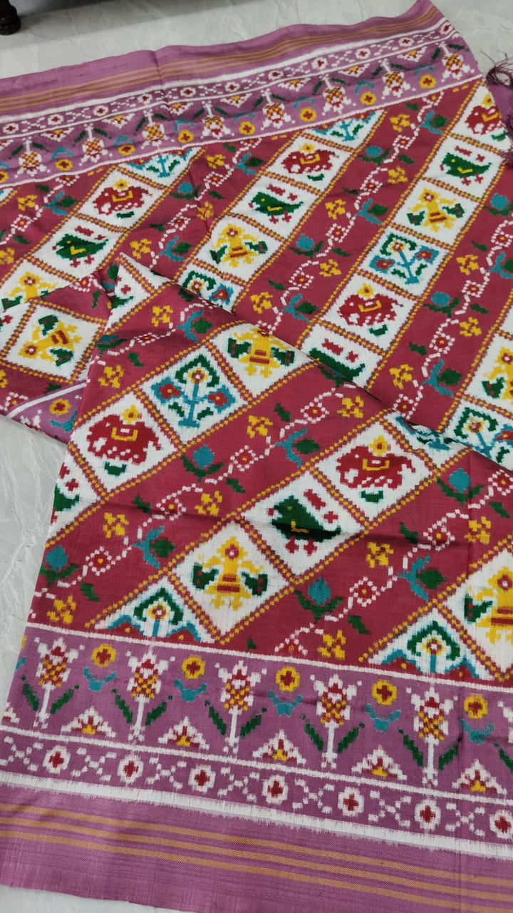 Authentic Double Ikkat Patan Patola Handwoven Saree with Diagonal Pattern in Dusty Mauve | SILK MARK CERTIFIED