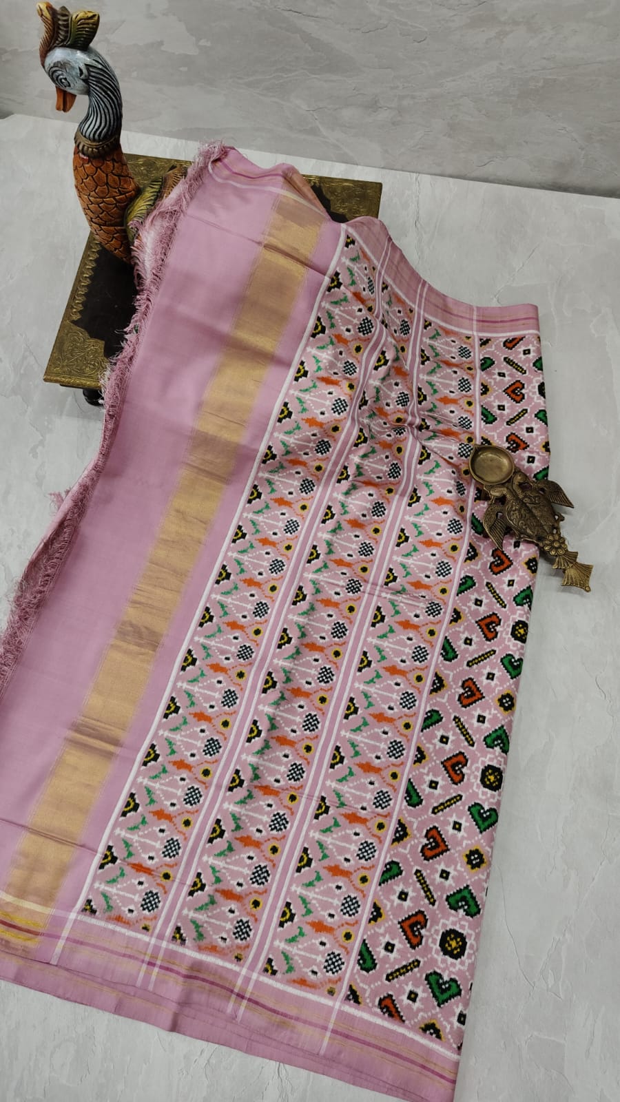 Authentic Double Ikkat Patan Patola Handwoven Saree in Dusty Pink  | SILK MARK CERTIFIED