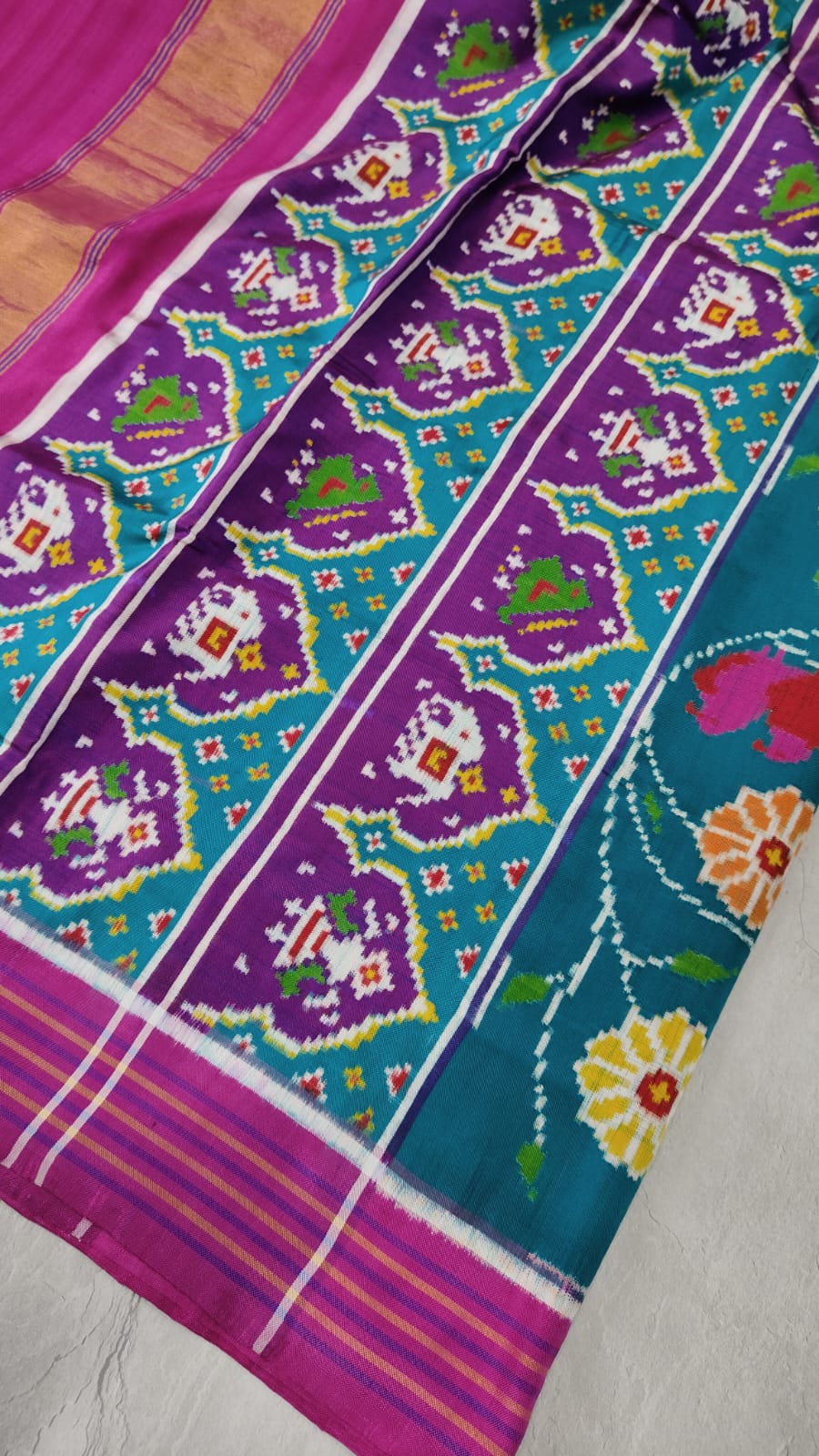 Authentic Double Ikkat Patan Patola Handwoven Saree with Contemporary Floral Jaal in Peacock Blue  | SILK MARK CERTIFIED