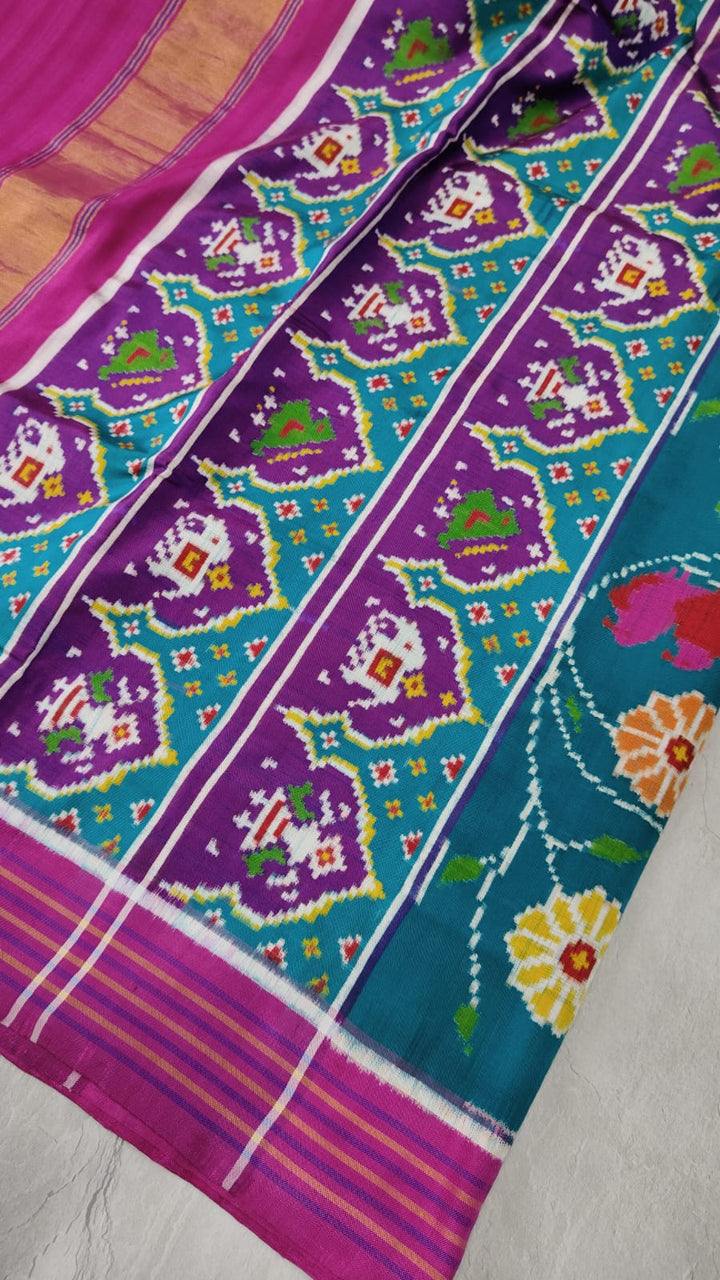 Authentic Double Ikkat Patan Patola Handwoven Saree with Contemporary Floral Jaal in Peacock Blue  | SILK MARK CERTIFIED