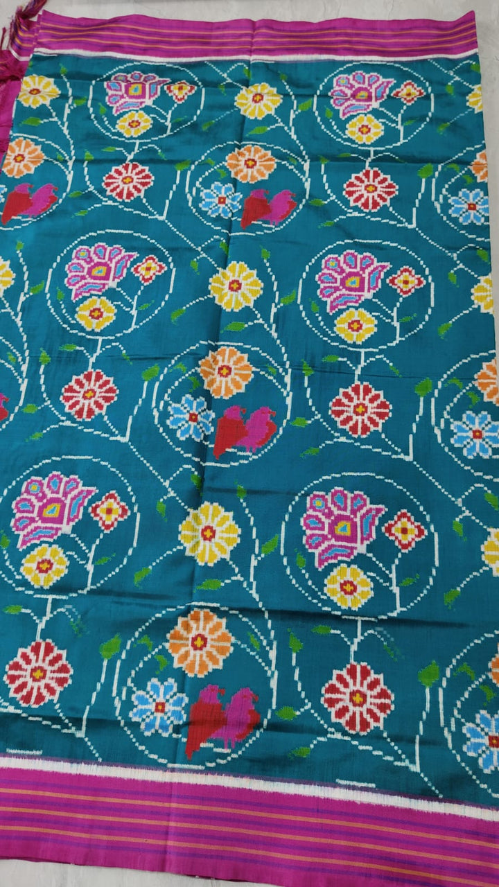 Authentic Double Ikkat Patan Patola Handwoven Saree with Contemporary Floral Jaal in Peacock Blue  | SILK MARK CERTIFIED