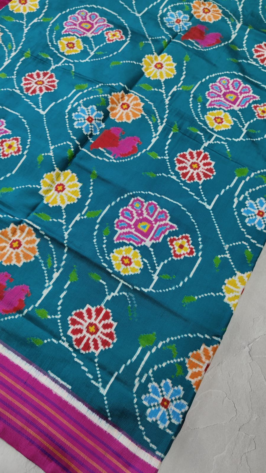 Authentic Double Ikkat Patan Patola Handwoven Saree with Contemporary Floral Jaal in Peacock Blue  | SILK MARK CERTIFIED