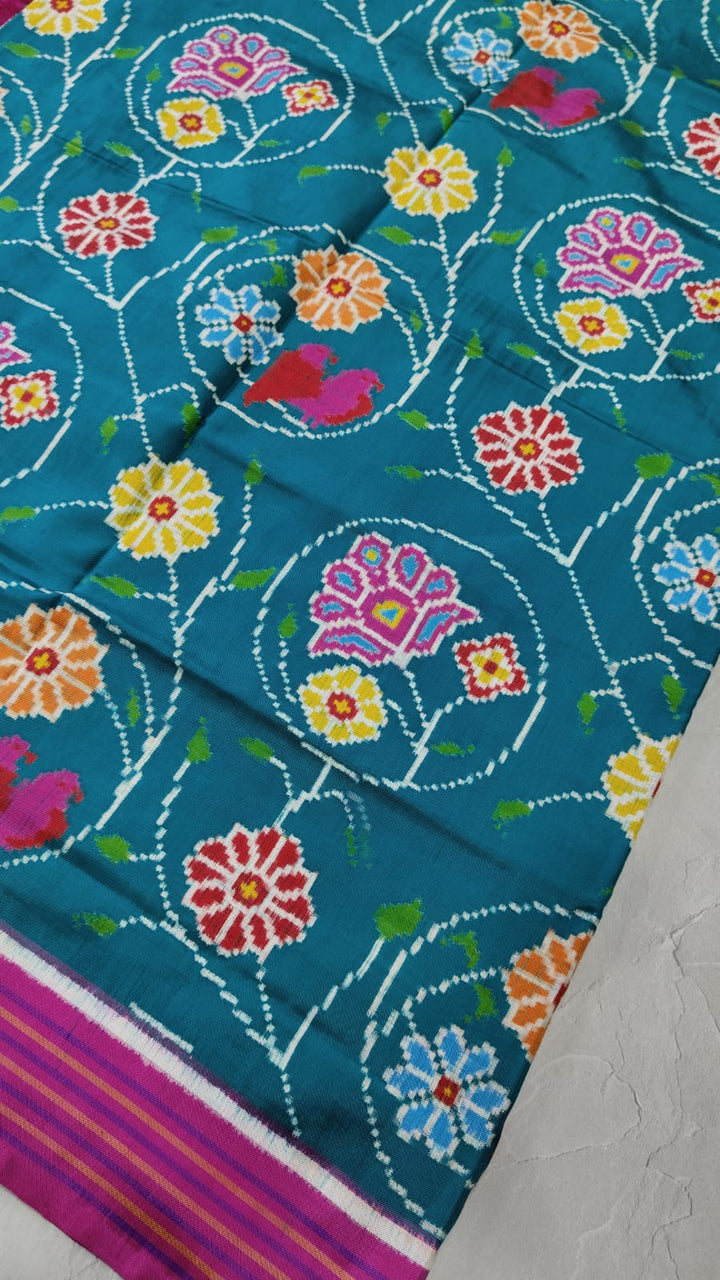 Authentic Double Ikkat Patan Patola Handwoven Saree with Contemporary Floral Jaal in Peacock Blue  | SILK MARK CERTIFIED