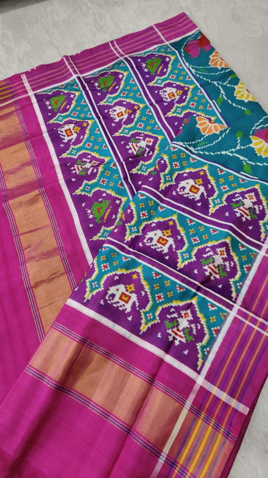 Authentic Double Ikkat Patan Patola Handwoven Saree with Contemporary Floral Jaal in Peacock Blue  | SILK MARK CERTIFIED