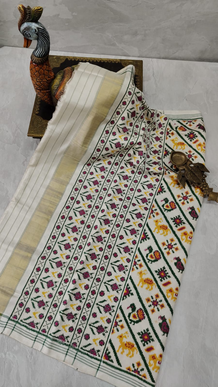 Authentic Patan Patola Double Ikkat Pure Silk Handwoven Saree in Ivory with Aada design | SILK MARK CERTIFIED