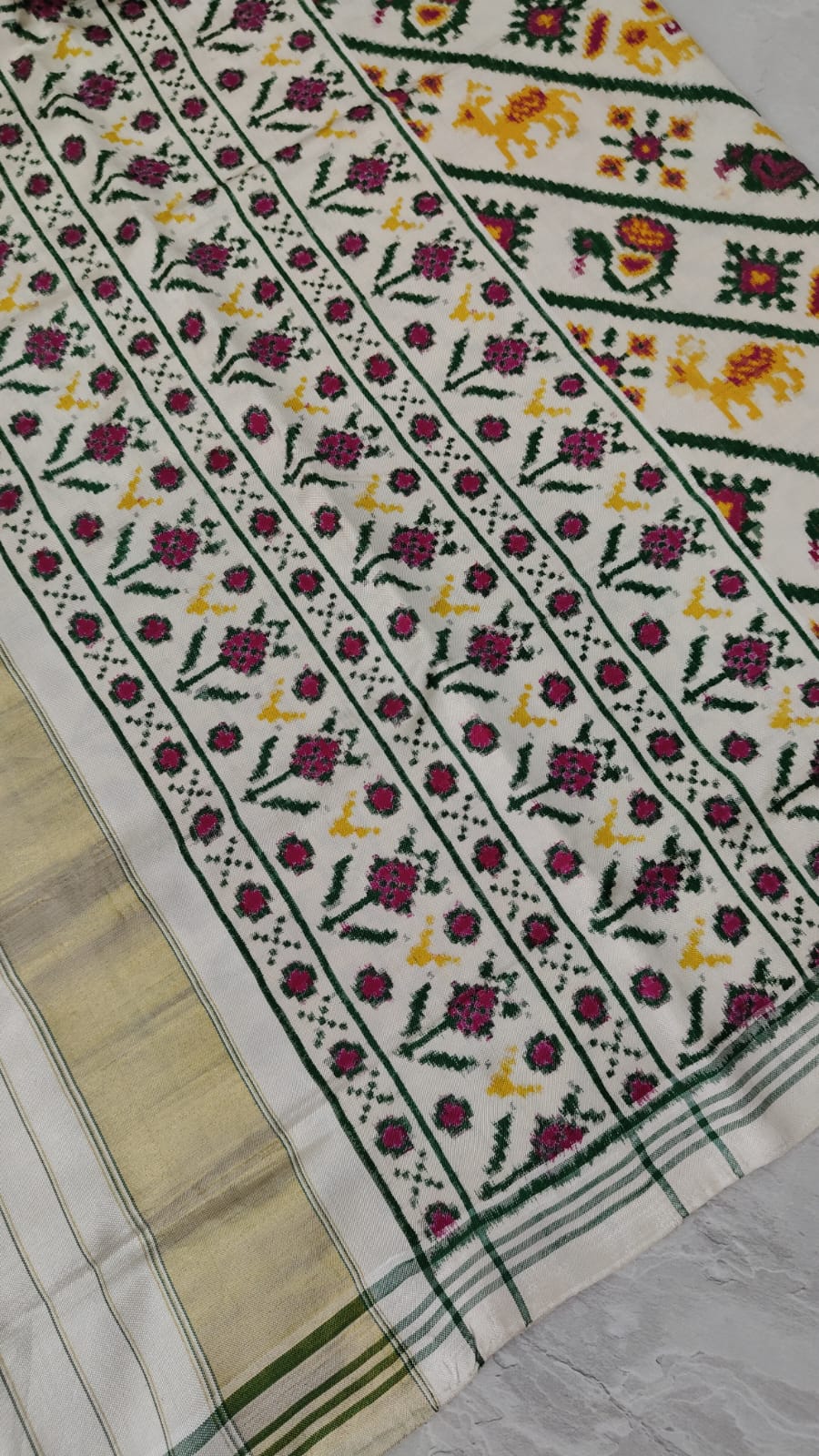 Authentic Patan Patola Double Ikkat Pure Silk Handwoven Saree in Ivory with Aada design | SILK MARK CERTIFIED