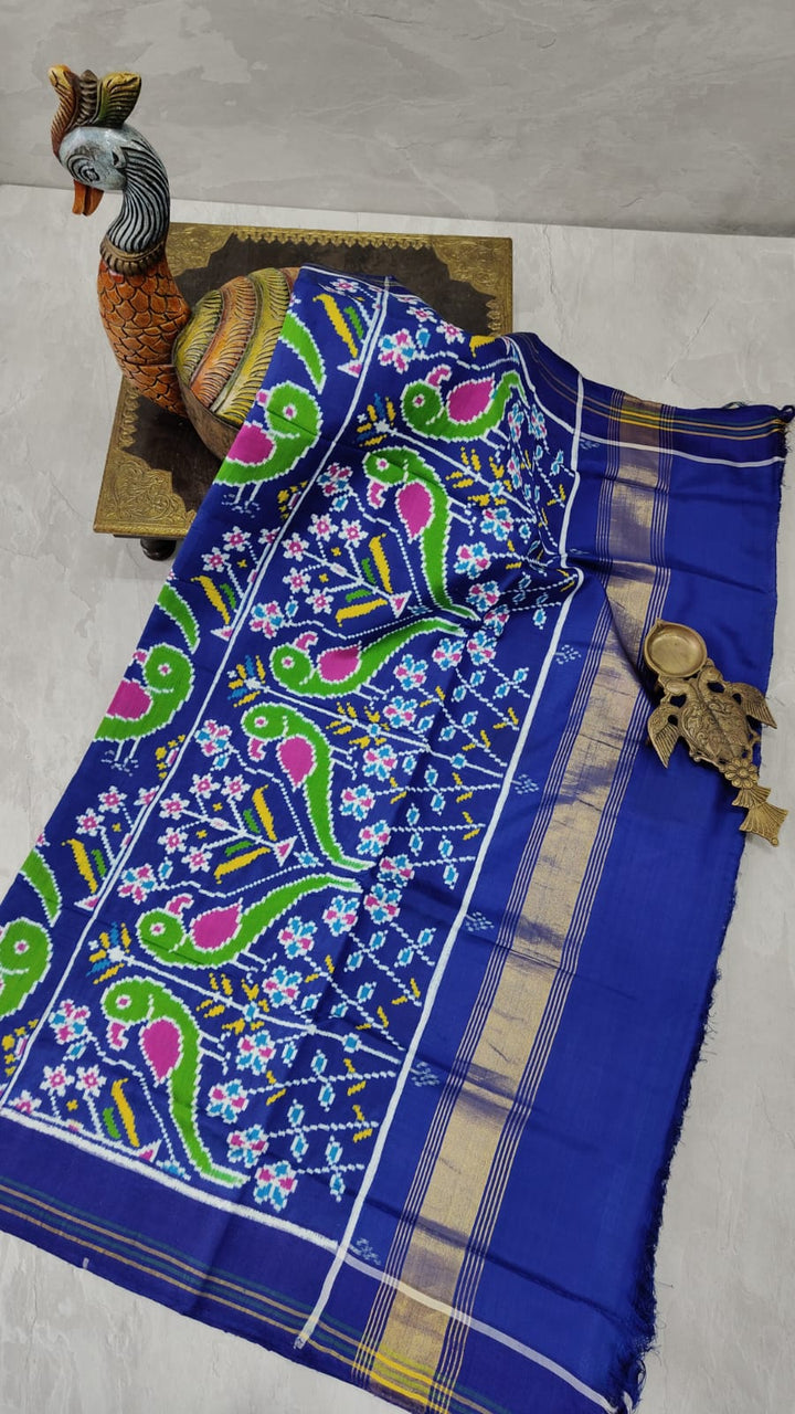 Authentic Double Ikkat Patan Patola Handwoven Saree in Blue with Parrot Motifs | SILK MARK CERTIFIED