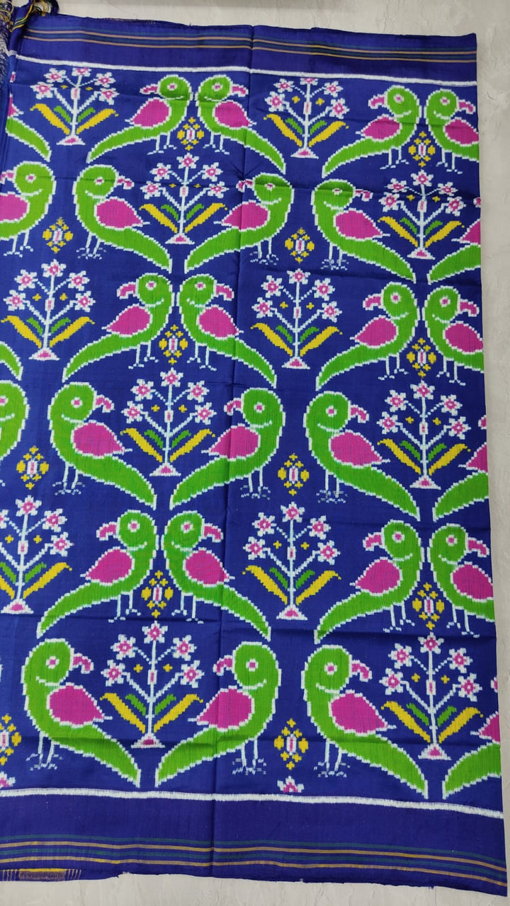 Authentic Double Ikkat Patan Patola Handwoven Saree in Blue with Parrot Motifs | SILK MARK CERTIFIED