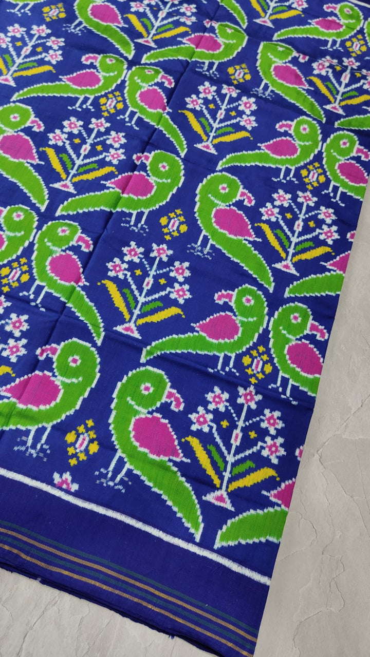 Authentic Double Ikkat Patan Patola Handwoven Saree in Blue with Parrot Motifs | SILK MARK CERTIFIED