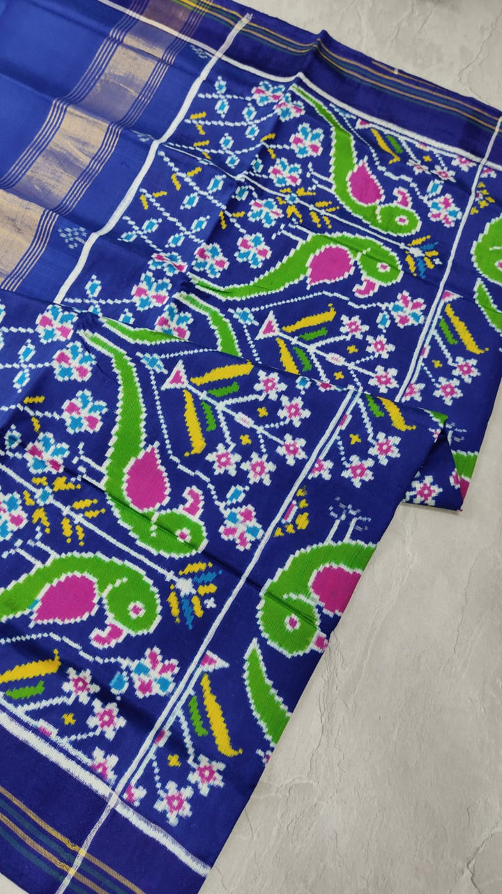 Authentic Double Ikkat Patan Patola Handwoven Saree in Blue with Parrot Motifs | SILK MARK CERTIFIED
