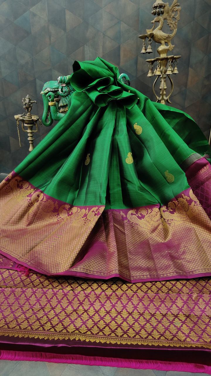 Green Kanjivaram Silk Saree with Paisley Buttas and Contrast Wide Zari Brocade Border | SILK MARK CERTIFIED