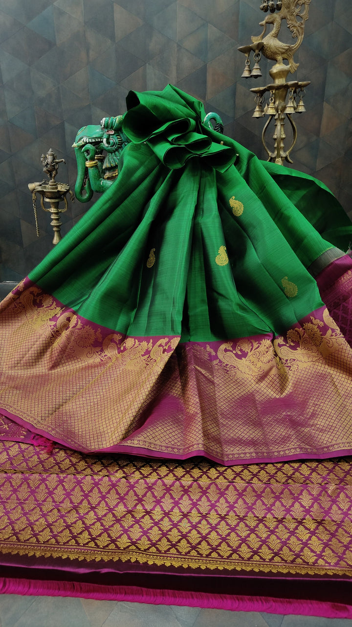 Green Kanjivaram Silk Saree with Paisley Buttas and Contrast Wide Zari Brocade Border | SILK MARK CERTIFIED
