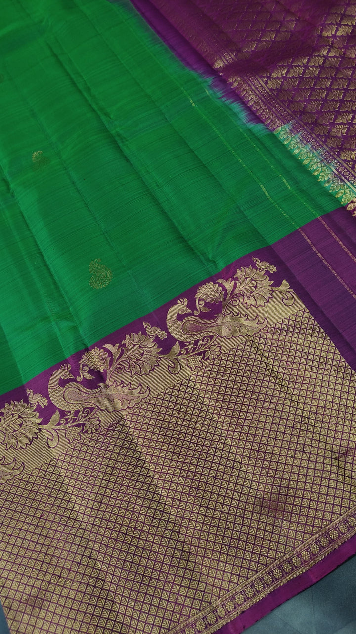 Green Kanjivaram Silk Saree with Paisley Buttas and Contrast Wide Zari Brocade Border | SILK MARK CERTIFIED