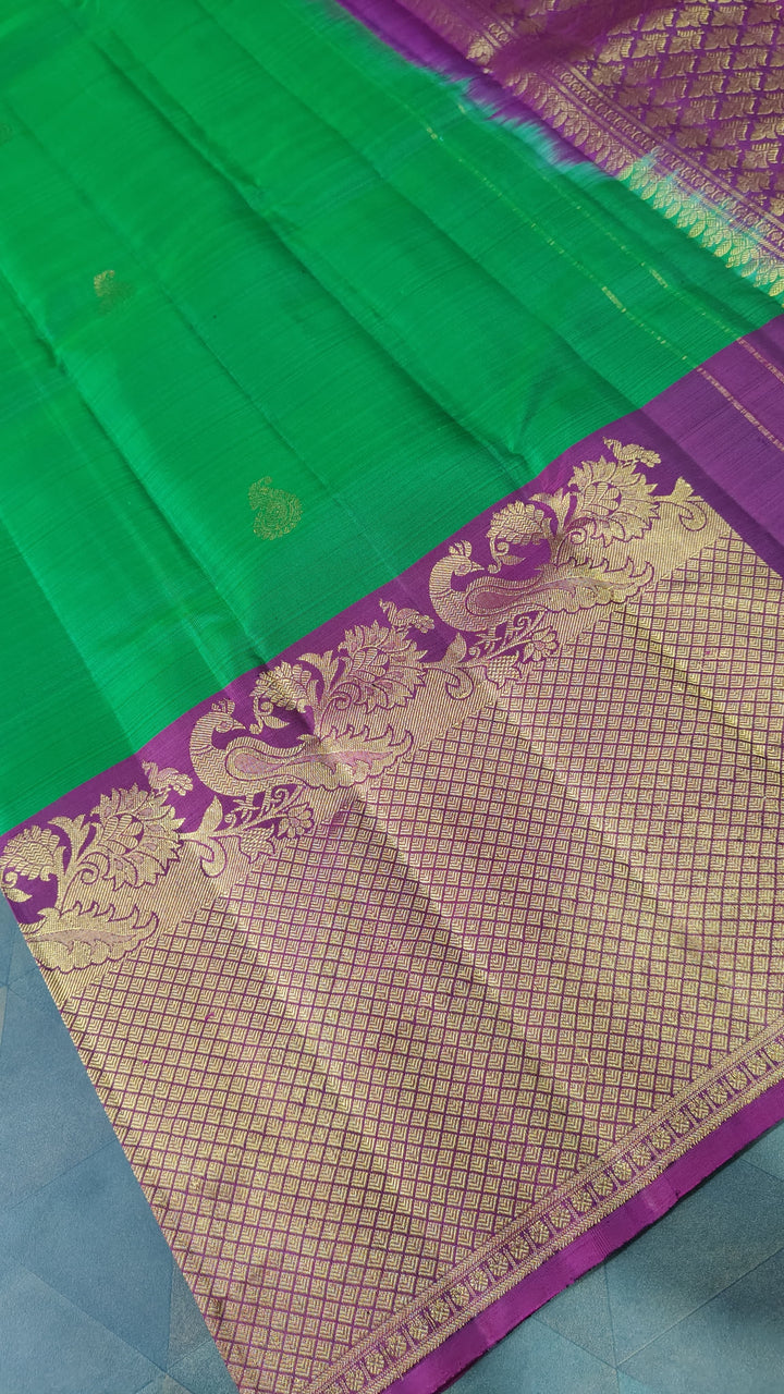 Green Kanjivaram Silk Saree with Paisley Buttas and Contrast Wide Zari Brocade Border | SILK MARK CERTIFIED