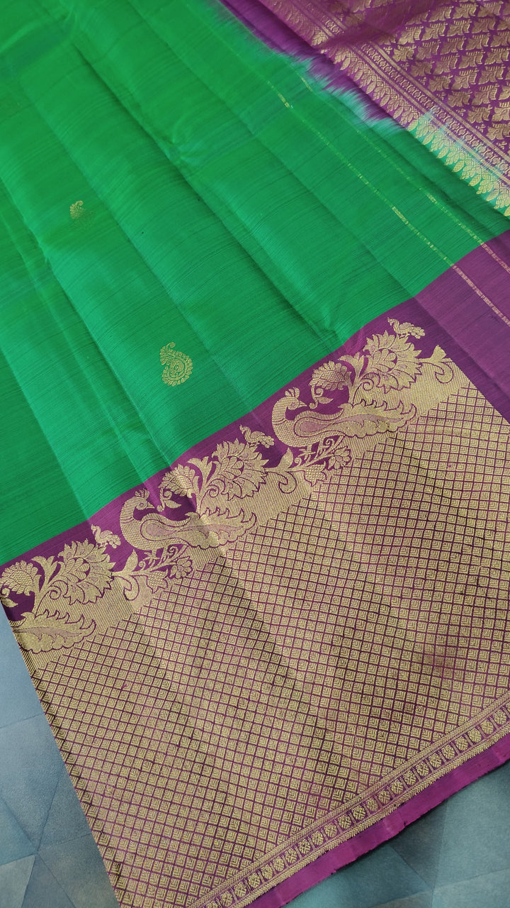 Green Kanjivaram Silk Saree with Paisley Buttas and Contrast Wide Zari Brocade Border | SILK MARK CERTIFIED