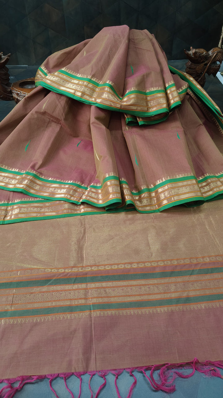 Green-Pink Dual tone Handloom Kanchi Cotton Saree with Resham Buttas and Zari Border