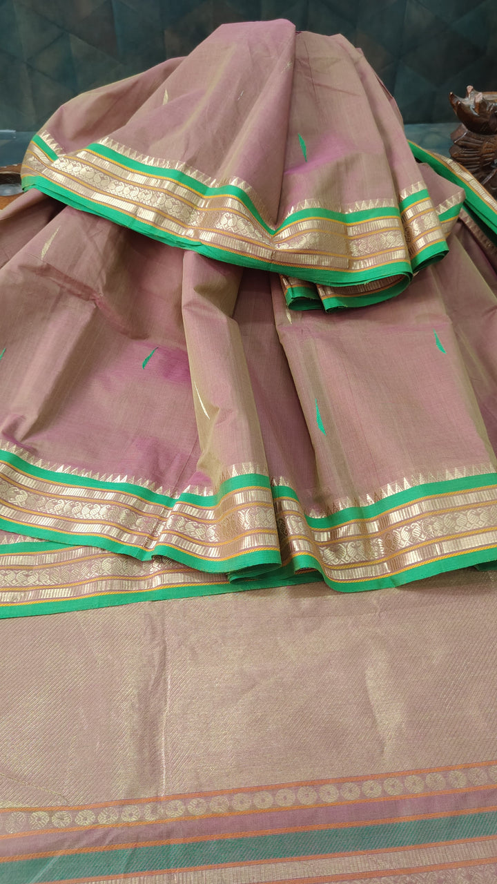 Green-Pink Dual tone Handloom Kanchi Cotton Saree with Resham Buttas and Zari Border