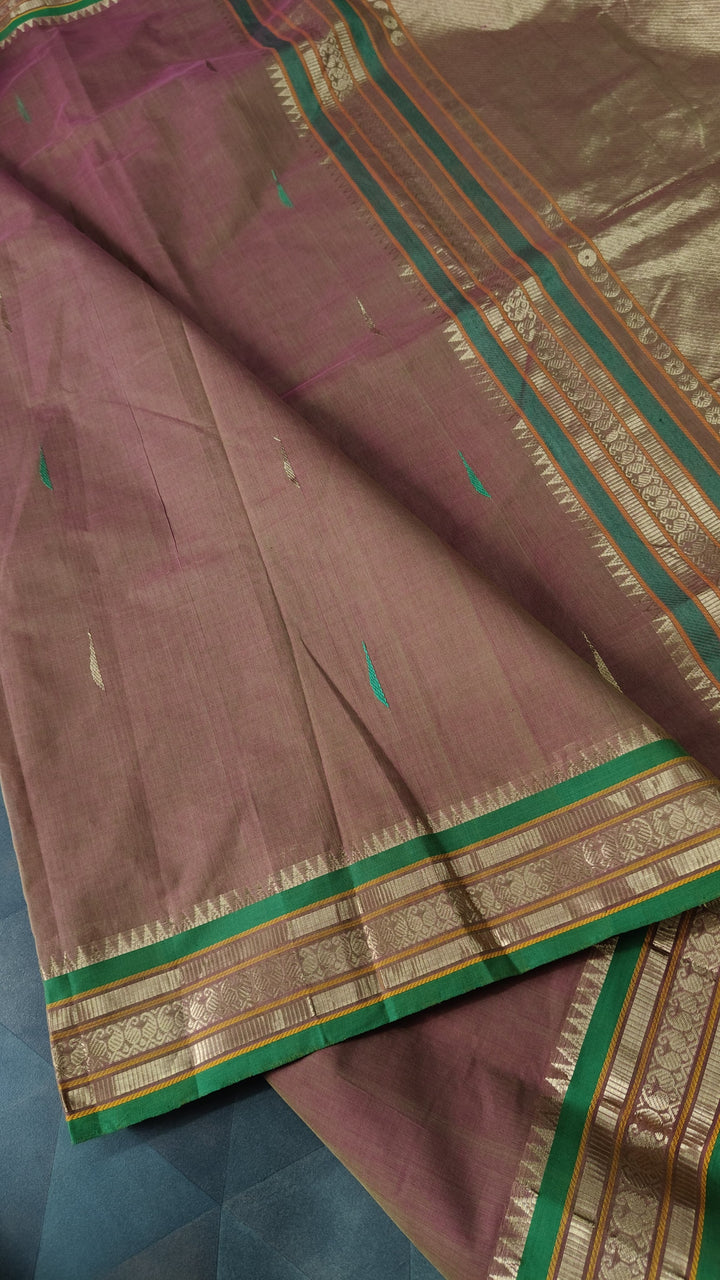 Green-Pink Dual tone Handloom Kanchi Cotton Saree with Resham Buttas and Zari Border