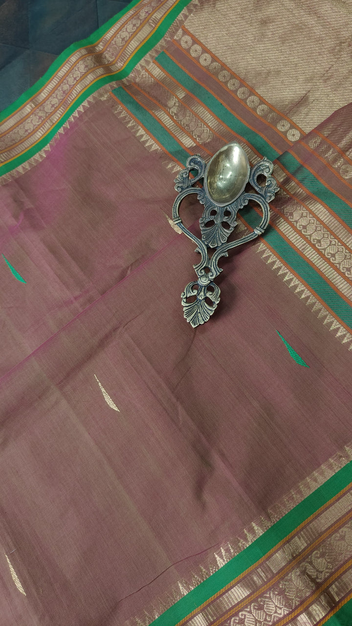 Green-Pink Dual tone Handloom Kanchi Cotton Saree with Resham Buttas and Zari Border