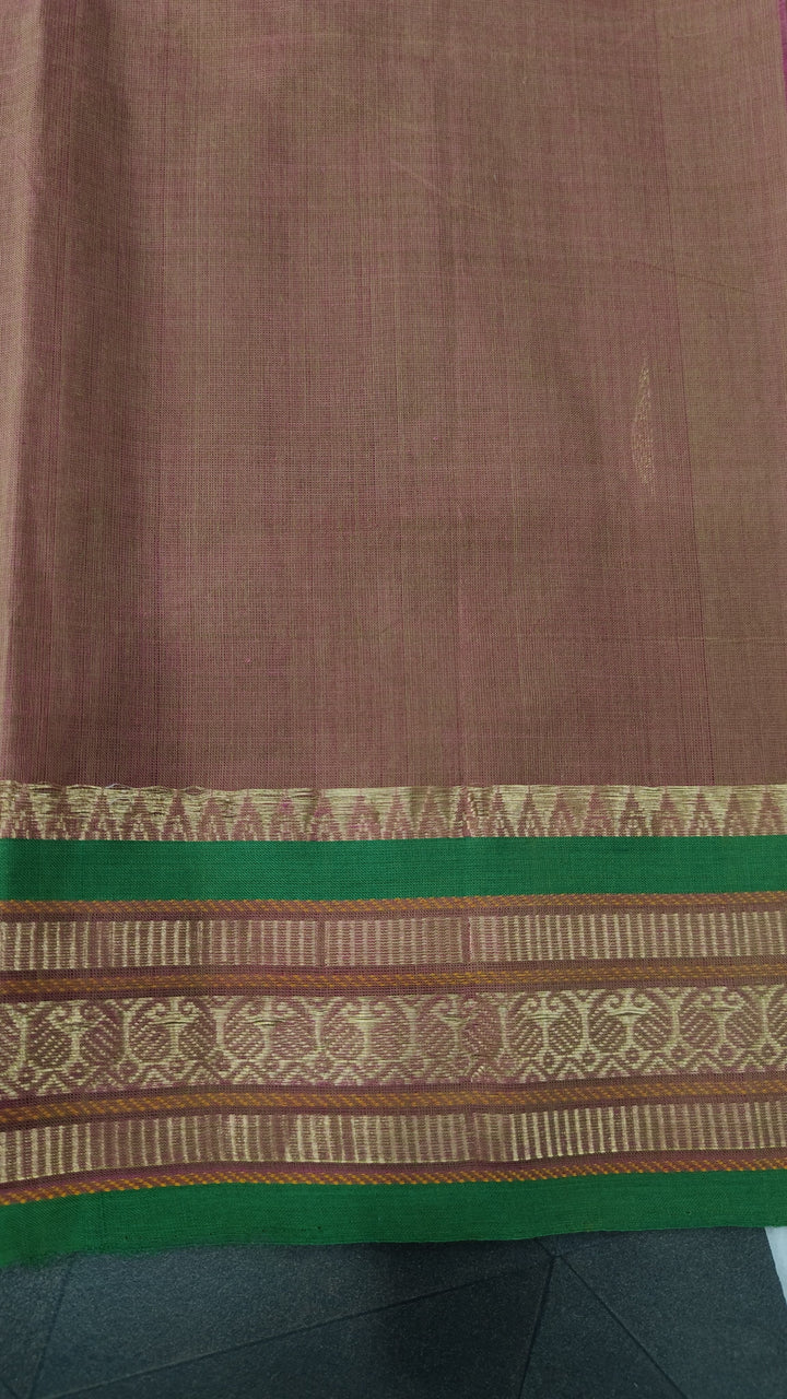 Green-Pink Dual tone Handloom Kanchi Cotton Saree with Resham Buttas and Zari Border