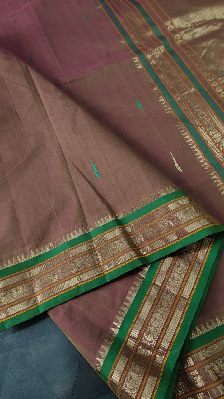 Green-Pink Dual tone Handloom Kanchi Cotton Saree with Resham Buttas and Zari Border