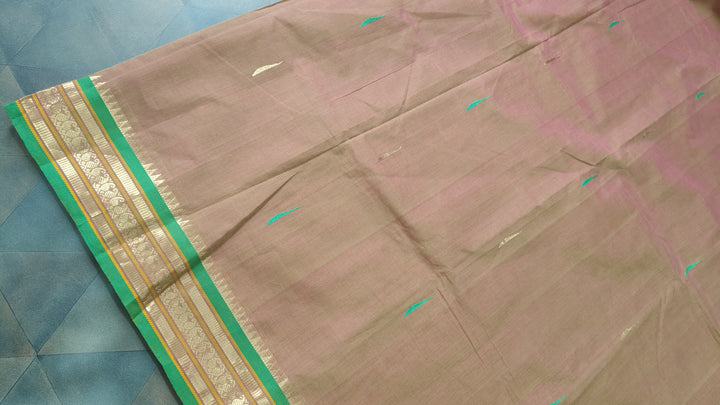 Green-Pink Dual tone Handloom Kanchi Cotton Saree with Resham Buttas and Zari Border