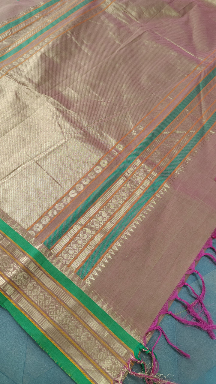 Green-Pink Dual tone Handloom Kanchi Cotton Saree with Resham Buttas and Zari Border