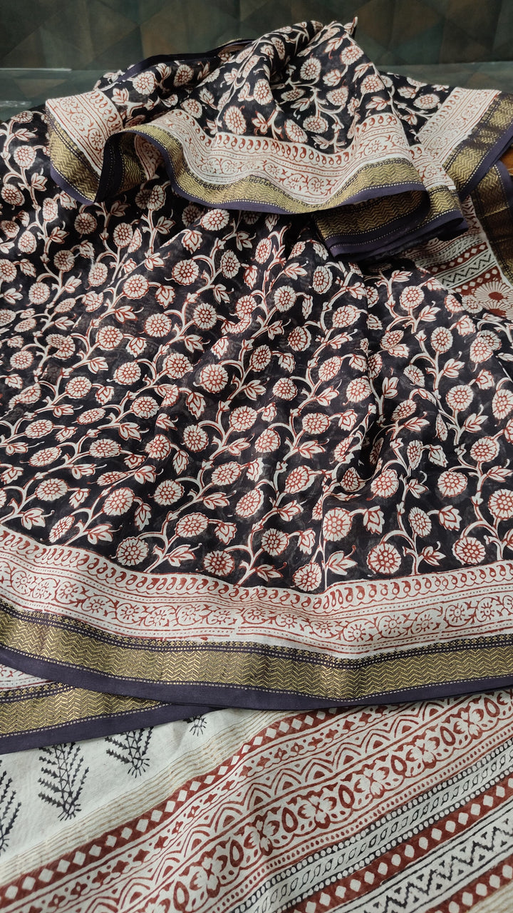 Black Maheswar silk Cotton Saree with Floral Bagru Handblock Print and Zari Border
