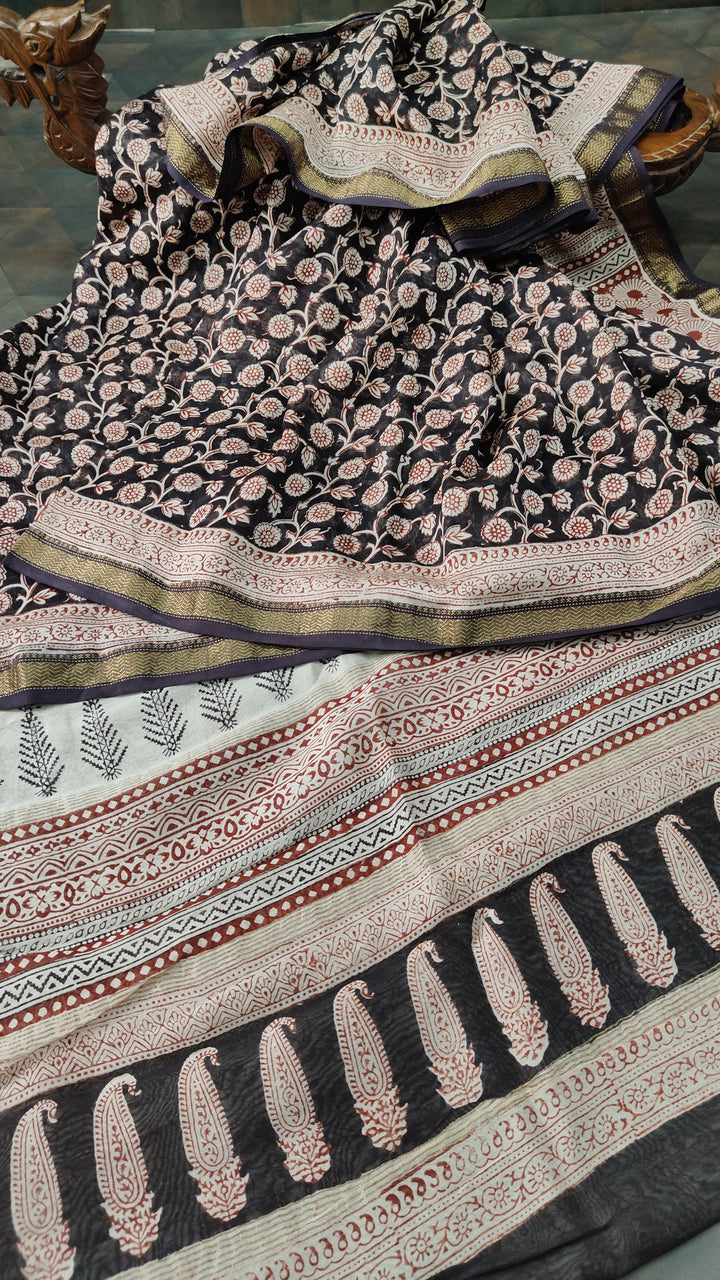 Black Maheswar silk Cotton Saree with Floral Bagru Handblock Print and Zari Border