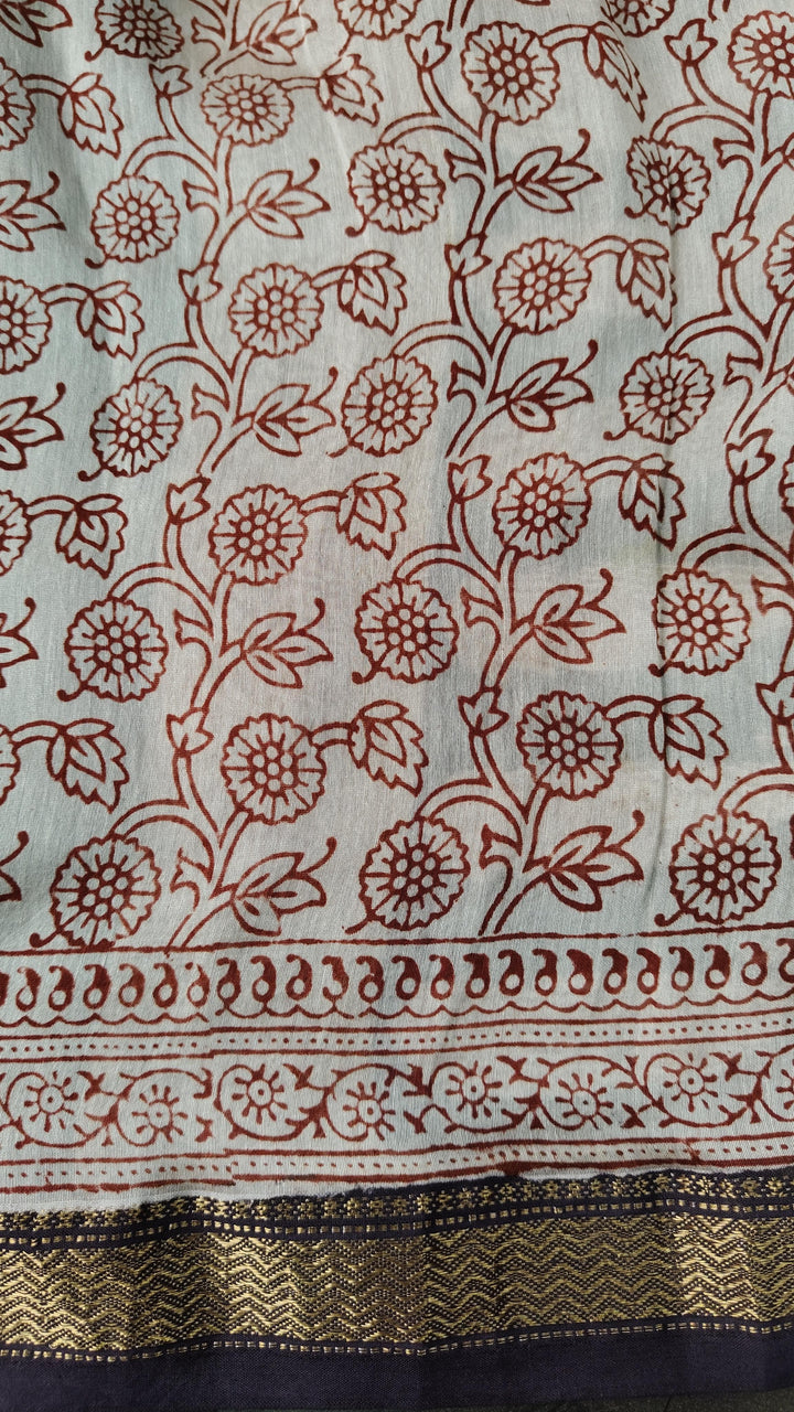 Black Maheswar silk Cotton Saree with Floral Bagru Handblock Print and Zari Border