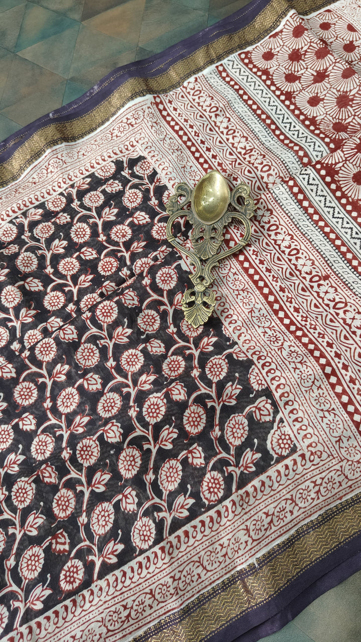 Black Maheswar silk Cotton Saree with Floral Bagru Handblock Print and Zari Border