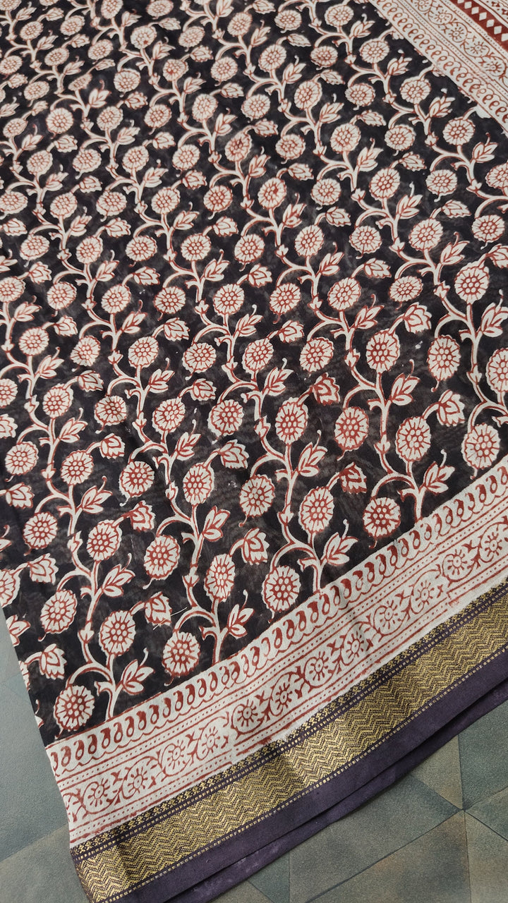 Black Maheswar silk Cotton Saree with Floral Bagru Handblock Print and Zari Border