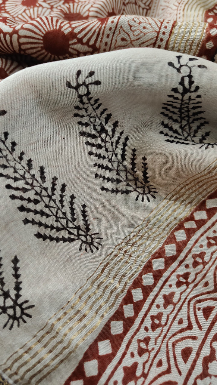 Black Maheswar silk Cotton Saree with Floral Bagru Handblock Print and Zari Border