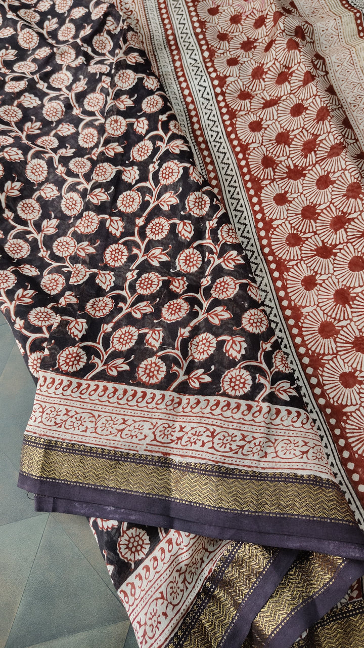 Black Maheswar silk Cotton Saree with Floral Bagru Handblock Print and Zari Border