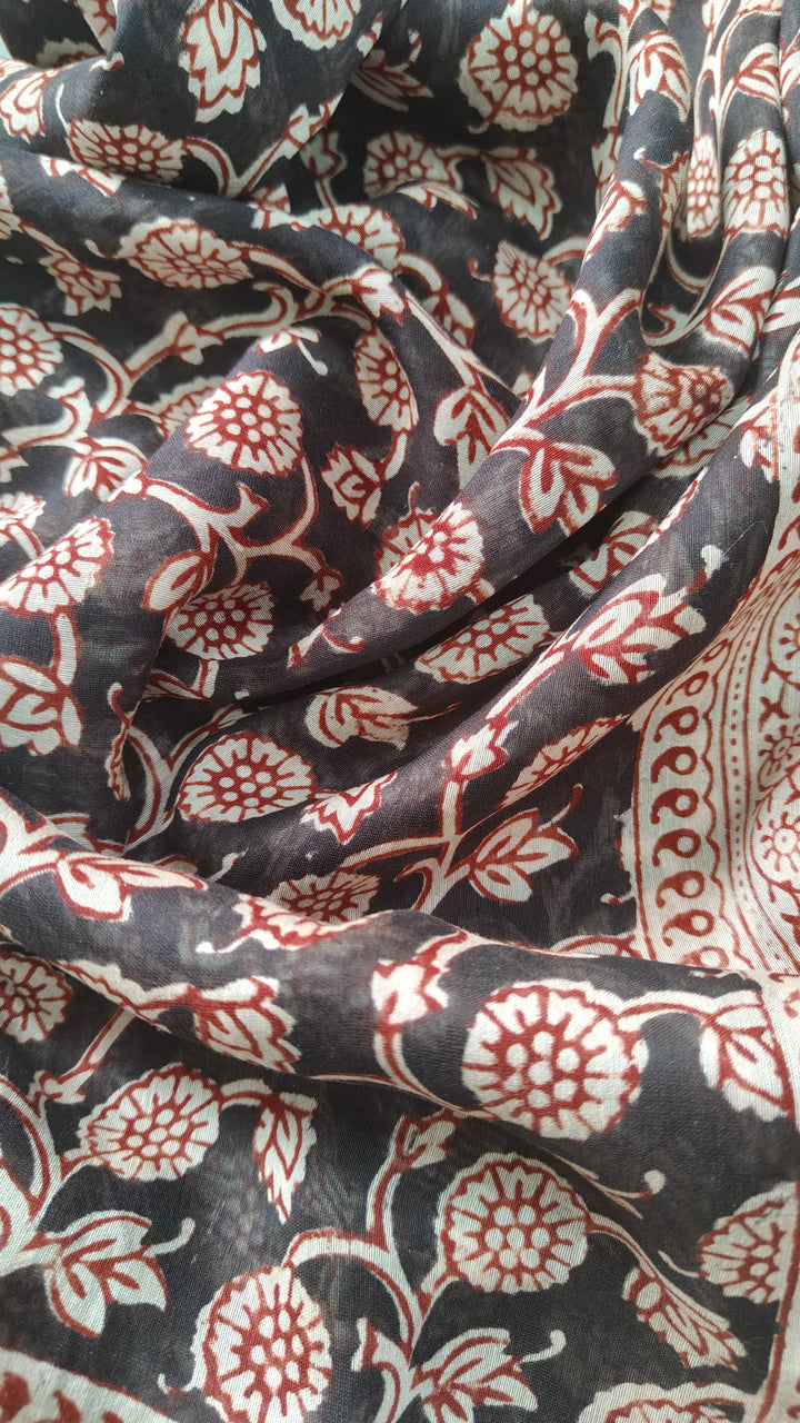 Black Maheswar silk Cotton Saree with Floral Bagru Handblock Print and Zari Border