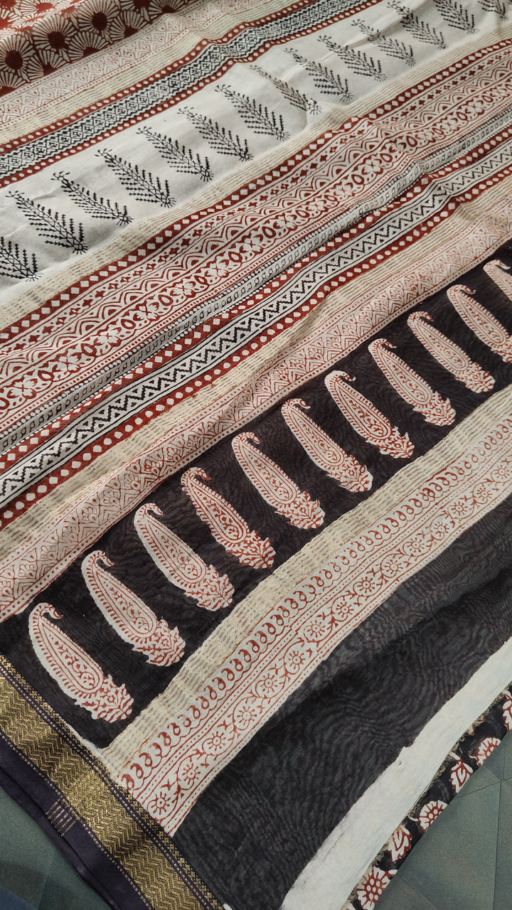 Black Maheswar silk Cotton Saree with Floral Bagru Handblock Print and Zari Border