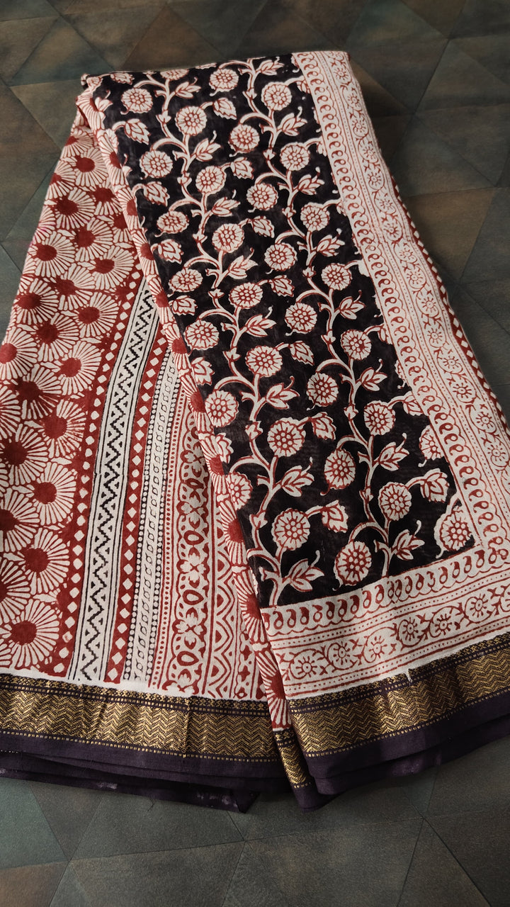 Black Maheswar silk Cotton Saree with Floral Bagru Handblock Print and Zari Border