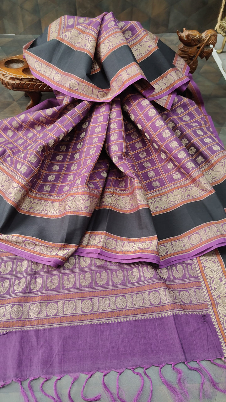 Purple Handloom Kanchi cotton Saree with 1000 Buttas and Rettaipet Border